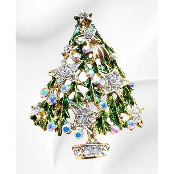 Christmas Tree Brooch Pin New Aurora Borealis Rhinestones Stars Northern… - Picture 6 of 12